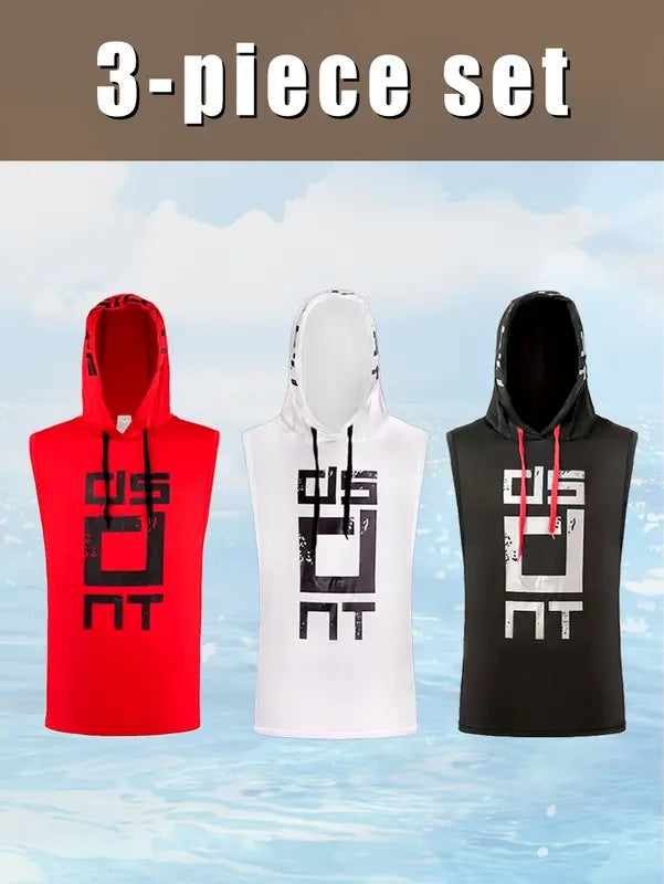 WS 3 Piece Letter Fashion Printed Casual Breathable Men's Hooded Sports Fitness Sleeveless Tank Top