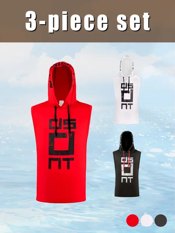 WS 3 Piece Letter Fashion Printed Casual Breathable Men's Hooded Sports Fitness Sleeveless Tank Top