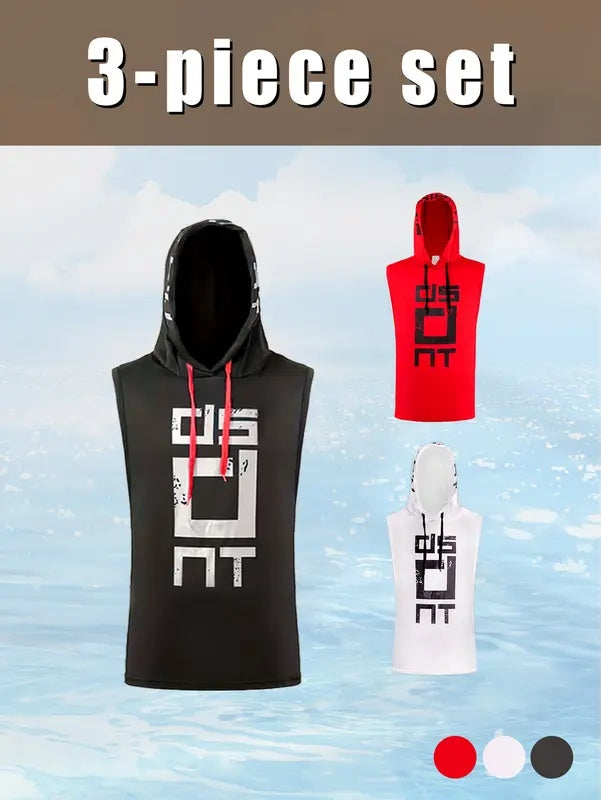 WS 3 Piece Letter Fashion Printed Casual BreathableComfortable Men's Hooded Sports FitnessSleeveless Tank Top Basketball Running CasualAthletic Clothing High Stretch Quick Drying TopSpring Summer Outdoorfun