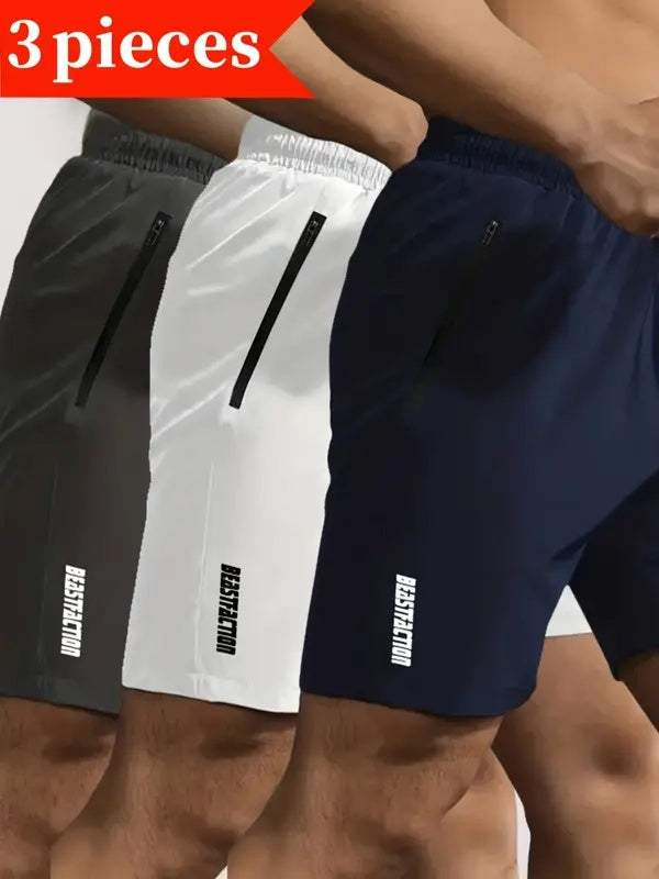 3 Piece Men's Solid Colour Shorts with Zip Pockets, Elastic Waistband Drawstring Shorts for Summer Outdoor Fitness Leisure and Home Décor