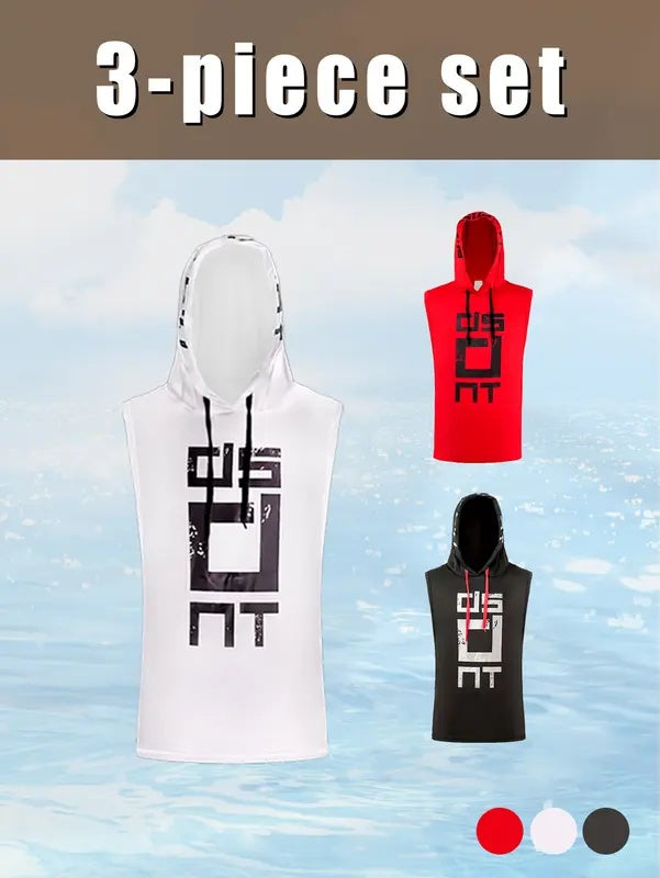 WS 3 Piece Letter Fashion Printed Casual BreathableComfortable Men's Hooded Sports FitnessSleeveless Tank Top Basketball Running CasualAthletic Clothing High Stretch Quick Drying TopSpring Summer Outdoorfun