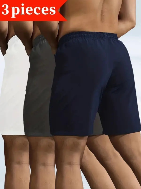 3 Piece Men's Solid Colour Shorts with Zip Pockets, Elastic Waistband Drawstring Shorts for Summer Outdoor Fitness Leisure and Home Décor