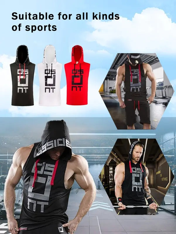 WS 3 Piece Letter Fashion Printed Casual BreathableComfortable Men's Hooded Sports FitnessSleeveless Tank Top Basketball Running CasualAthletic Clothing High Stretch Quick Drying TopSpring Summer Outdoorfun